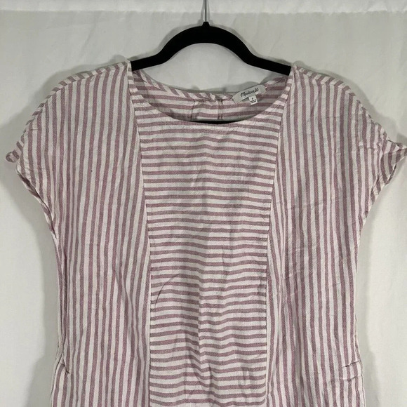 Madewell Mini Dress Women's Small Pink White Striped Linen Blend Pockets - Picture 2 of 9